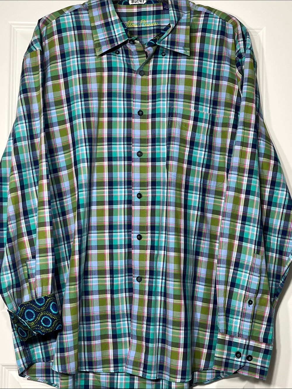 Alan Flusser XXL Plaid Button Front Shirt Green Blue Contrast‎ Cuffs 100% Cotton